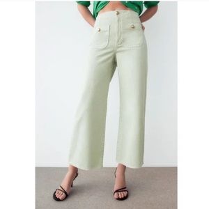 Zara Light Green Denim High-Waisted Cropped Wide-Leg Jeans